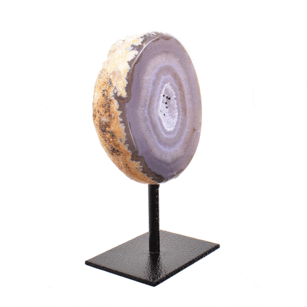 Natural Agate gemstone geode with crystal quartz. The geode is embedded into a black metallic base and the product has a height of 13.5cm. Buy online shop.
