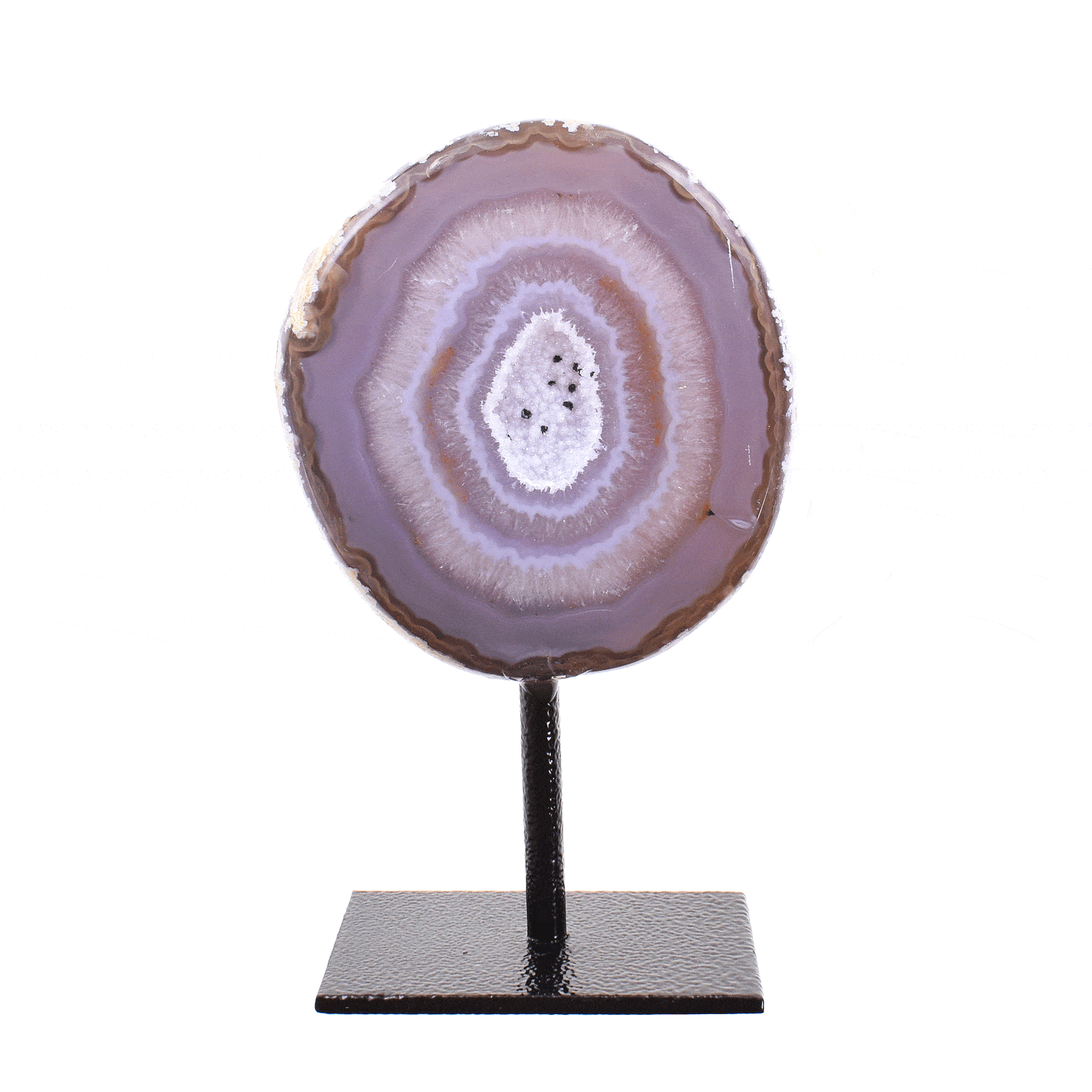 Γεώδες φυσικής πέτρας Αχάτη με Κρύσταλλα Χαλαζία στο εσωτερικό του. Ο Αχάτης είναι ενσωματωμένος σε μαύρη μεταλλική βάση και το μέγιστο ύψος είναι 13,5cm. Αγοράστε online shop.
