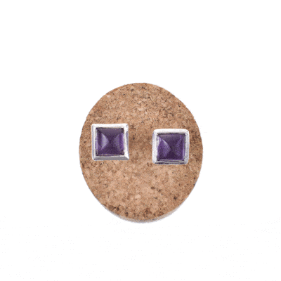 Handmade stud earrings made of sterling silver and natural amethyst gemstone in a square shape.