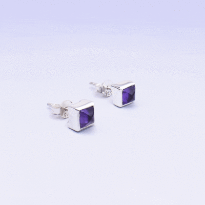 Handmade stud earrings made of sterling silver and natural amethyst gemstone in a square shape.