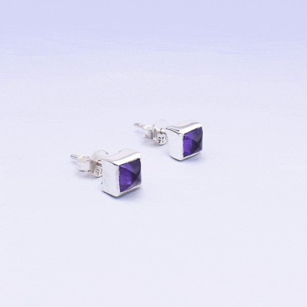 Handmade stud earrings made of sterling silver and natural amethyst gemstone in a square shape.