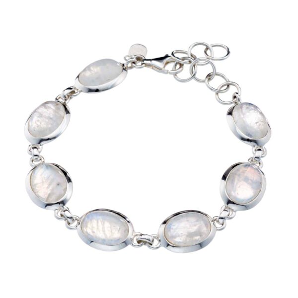 Handmade bracelet made of sterling silver and natural white Labradorite gemstones in an oval shape. The bracelet has a length of 19cm to 23cm. Buy online shop.