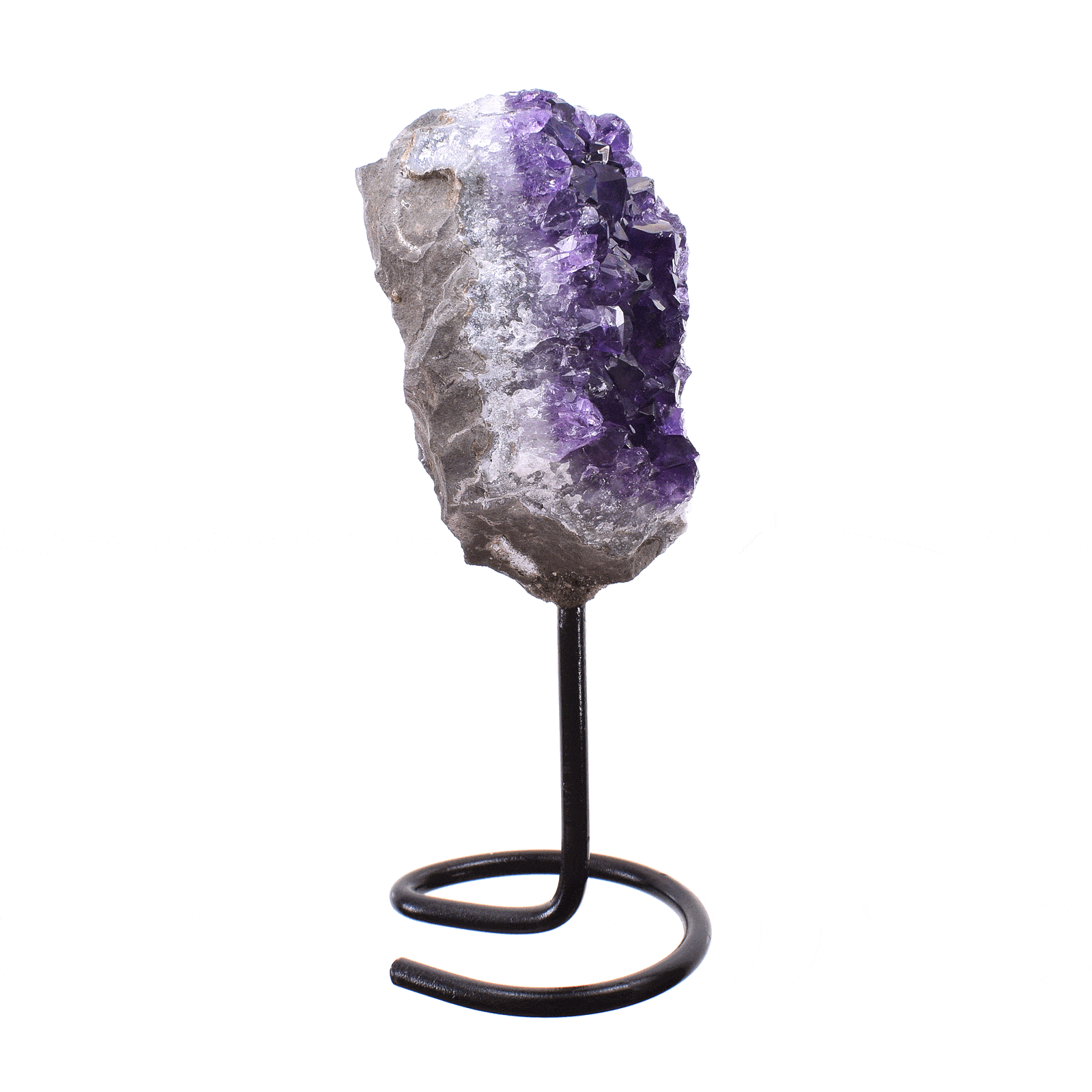 Ακατέργαστο κομμάτι φυσικής πέτρας Αμεθύστου, ενσωματωμένο σε μαύρη μεταλλική βάση. Το προϊόν έχει ύψος 16cm. Αγοράστε online shop.