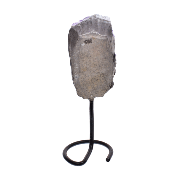 Raw piece of natural amethyst gemstone, embedded into a black metallic base. The product has a height of 17cm. 