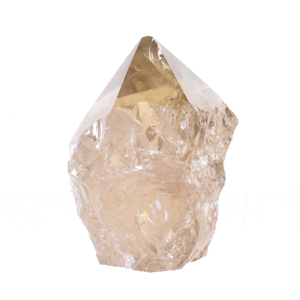 Natural rainbow smoky quartz crystal point with polished top and a height of 9cm. Buy online shop.