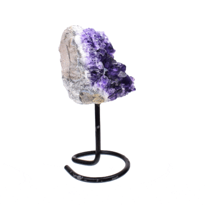Raw piece of natural amethyst gemstone, embedded into a black metallic base. The product has a height of 14cm. 