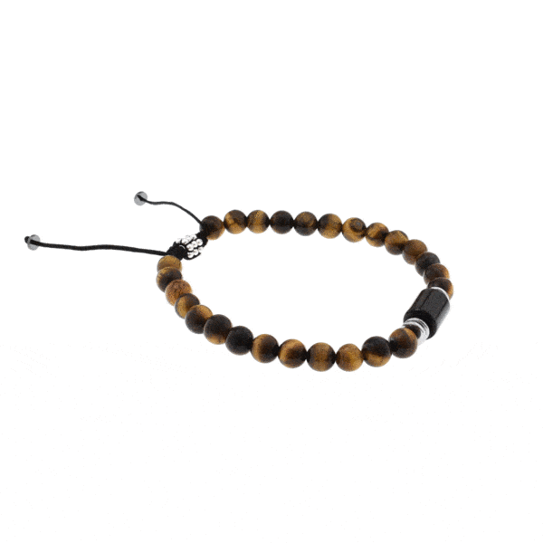 Handmade macrame bracelet with natural onyx, tiger eye and hematite gemstones, threaded on a black string. The macrame part has sterling silver elements. Buy online shop.