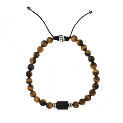 Handmade macrame bracelet with natural onyx, tiger eye and hematite gemstones, threaded on a black string. The macrame part has sterling silver elements. Buy online shop.