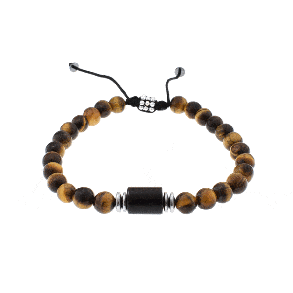 Handmade macrame bracelet with natural onyx, tiger eye and hematite gemstones, threaded on a black string. The macrame part has sterling silver elements. Buy online shop.