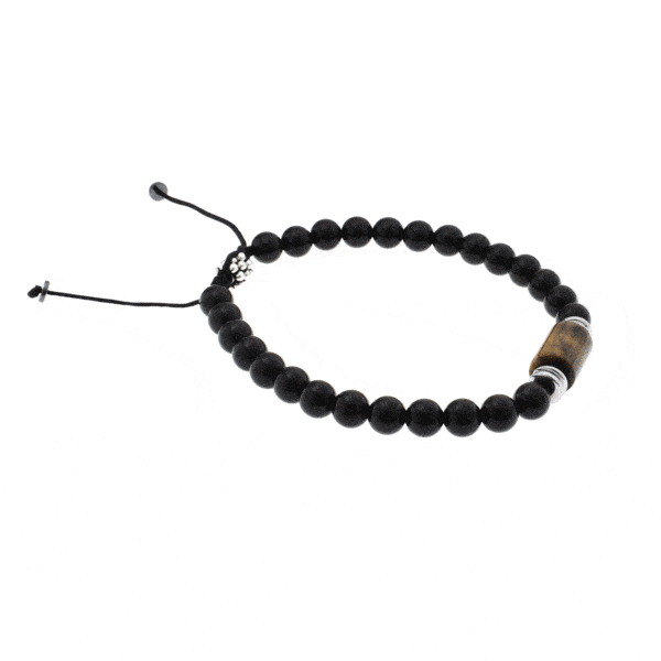 Handmade macrame bracelet with natural onyx, tiger eye and hematite gemstones, threaded on a black string. The macrame part has sterling silver elements. Buy online shop.