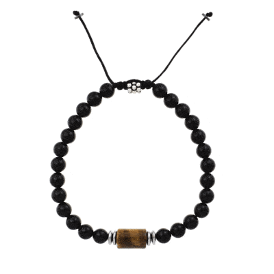 Handmade macrame bracelet with natural onyx, tiger eye and hematite gemstones, threaded on a black string. The macrame part has sterling silver elements. Buy online shop.