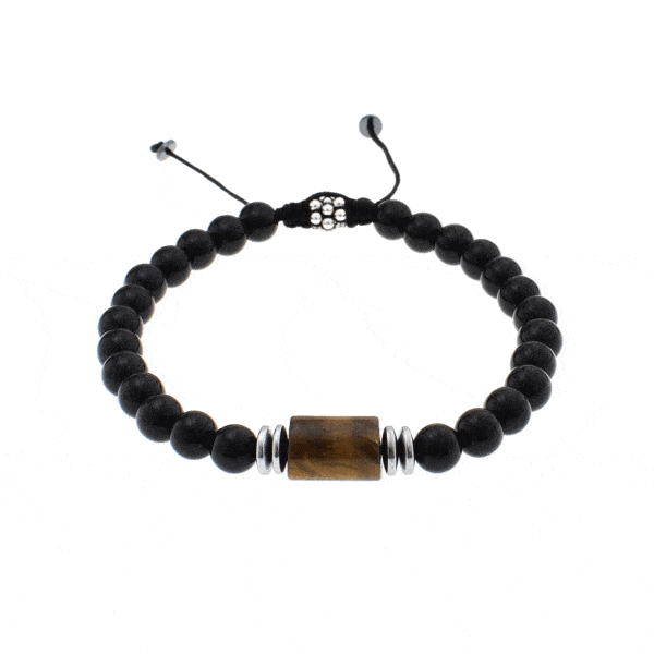 Handmade macrame bracelet with natural onyx, tiger eye and hematite gemstones, threaded on a black string. The macrame part has sterling silver elements. Buy online shop.