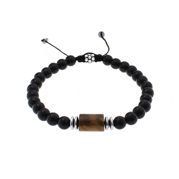 Handmade macrame bracelet with natural onyx, tiger eye and hematite gemstones, threaded on a black string. The macrame part has sterling silver elements. Buy online shop.