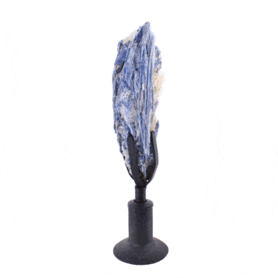 Raw piece of natural blue kyanite gemstone, placed on a black rotating metallic base. The kyanite with the base has a height of 30.5cm. Buy online shop.