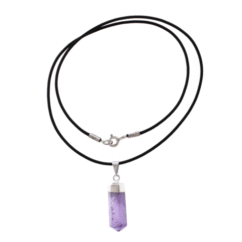 Natural amethyst crystal pendant, threaded on a black leather with sterling silver clasp. Buy online shop.