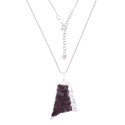 Pendant made of hypoallergenic silver plated metal and amethyst gemstone in a natural form. The pendant is threaded on a sterling silver chain with adjustable length. Buy online shop.