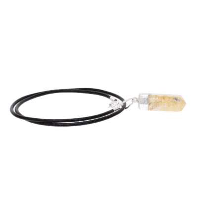 Natural citrine quartz crystal pendant, threaded on a black leather with sterling silver clasp. Buy online shop.