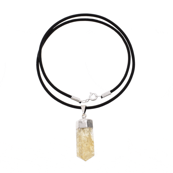 Natural citrine quartz crystal pendant, threaded on a black leather with sterling silver clasp. Buy online shop.