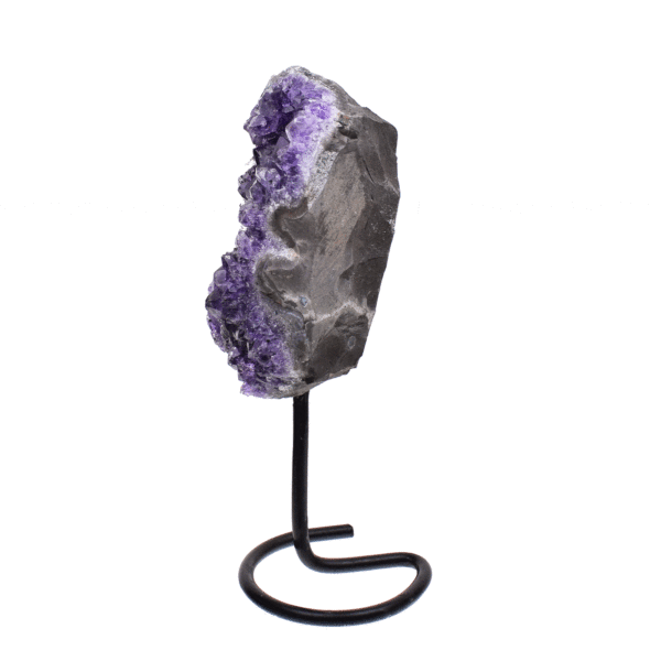 Raw piece of natural amethyst gemstone, embedded into a black metallic base. The product has a height of 17cm. 