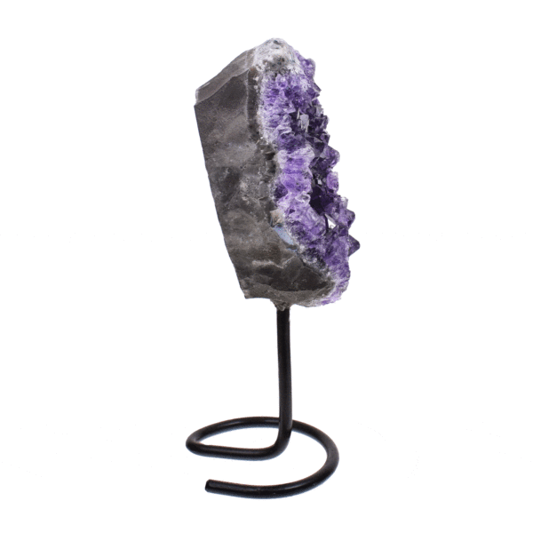Raw piece of natural amethyst gemstone, embedded into a black metallic base. The product has a height of 17cm. 