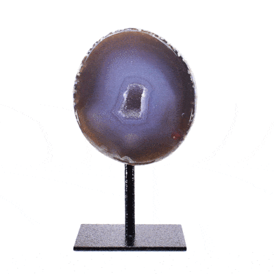 Natural agate geode gemstone with crystal quartz inside. The geode is embedded into a black, metallic base and the product has a height of 13.5cm. Buy online shop.