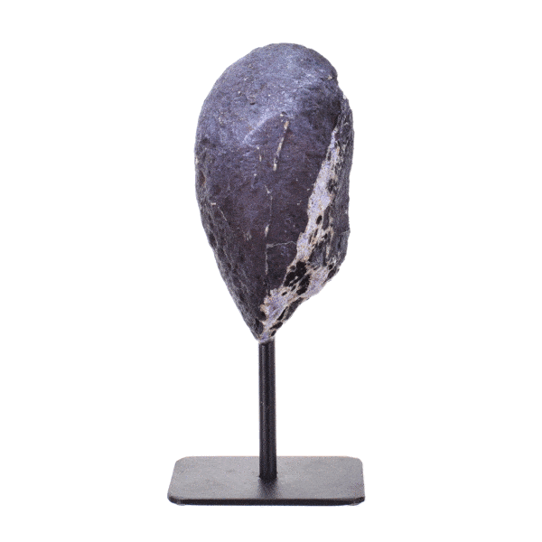 Natural agate gemstone geode with crystal quartz, embedded into a black metallic base. The geode is painted purple and the product has a height of 15cm. Buy online shop.