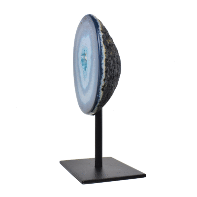 Natural agate geode gemstone with crystal quartz, embedded into a black metallic base. The geode is painted blue and the product has a height of 19.5cm. Buy online shop.