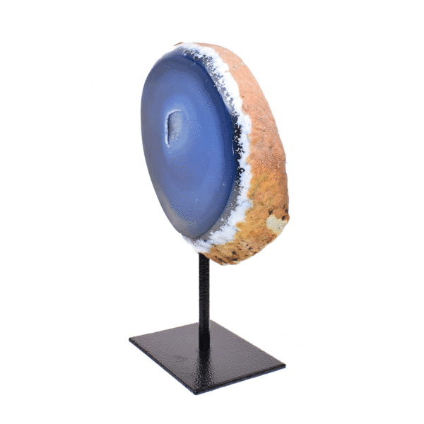 Natural agate geode gemstone with crystal quartz, embedded into a black metallic base. The product has a height of 18.5cm.