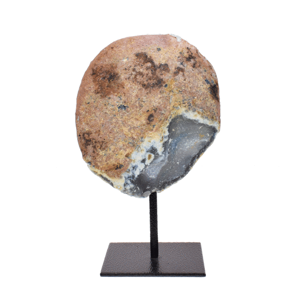 Natural agate geode gemstone with crystal quartz, embedded into a black metallic base. The product has a height of 18.5cm.