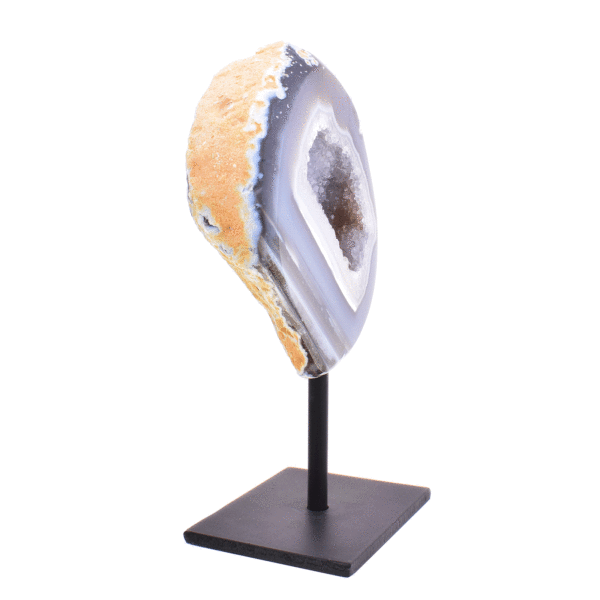 Natural agate geode gemstone with crystal quartz, embedded into a black metallic base. The product has a height of 22.5cm. Buy online shop.