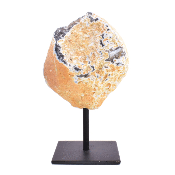 Γεώδες φυσικής πέτρας αχάτη με κρύσταλλα χαλαζία στο εσωτερικό του. Ο αχάτης είναι ενσωματωμένος σε μαύρη μεταλλική βάση και με αυτήν έχει ύψος 22,5cm. Αγοράστε online shop.