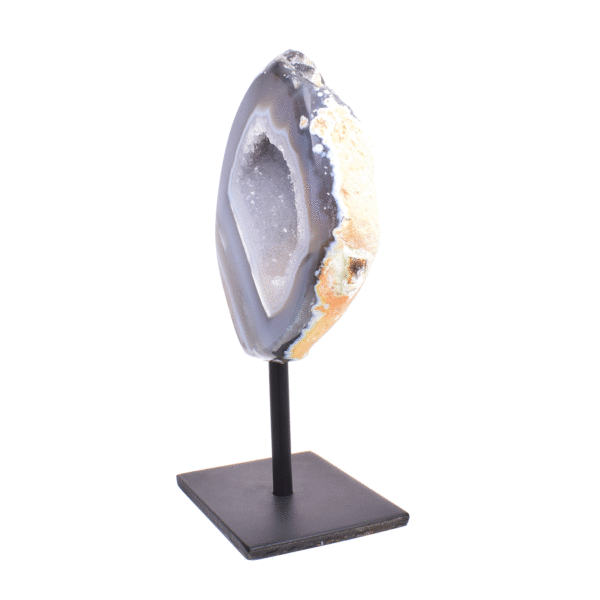 Natural agate geode gemstone with crystal quartz, embedded into a black metallic base. The product has a height of 22.5cm. Buy online shop.
