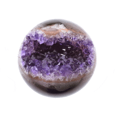 Sphere made of natural amethyst geode with a diameter of 5.5cm. The sphere comes with a black plastic base. Buy online shop.