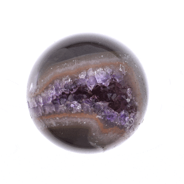 Sphere made of natural amethyst geode with a diameter of 5.5cm. The sphere comes with a black plastic base. Buy online shop.