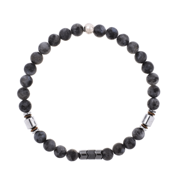 Handmade bracelet with natural grey agate and hematite gemstones, threaded on an extra quality silicone elastic. The bracelet has a spherical decorative sterling silver element.Buy online shop.