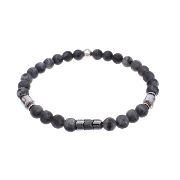 Handmade bracelet with natural grey agate and hematite gemstones, threaded on an extra quality silicone elastic. The bracelet has a spherical decorative sterling silver element.Buy online shop.