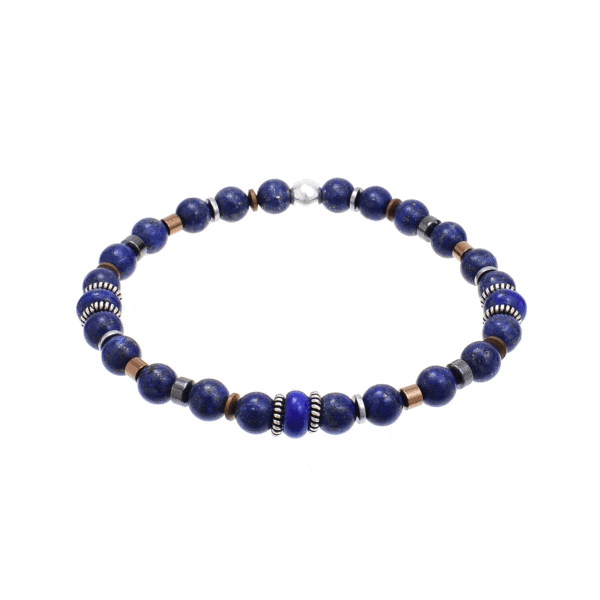 Handmade bracelet with natural lapis lazuli and hematite gemstones, threaded on an extra quality silicone elastic. The bracelet is decorated with sterling silver elements. Buy online shop.