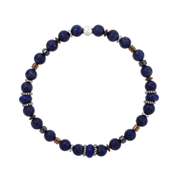 Handmade bracelet with natural lapis lazuli and hematite gemstones, threaded on an extra quality silicone elastic. The bracelet is decorated with sterling silver elements. Buy online shop.