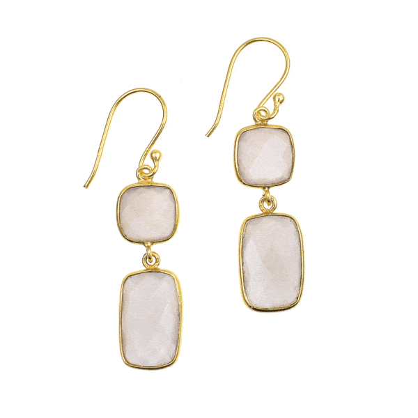 Handmade, long earrings made of gold plated sterling silver and natural, faceted grey moonstone in a square and parallelogram shape. Buy online shop.
