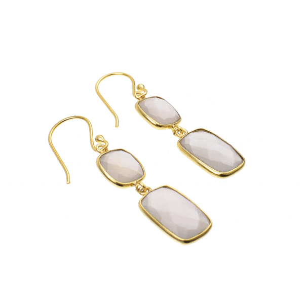 Handmade, long earrings made of gold plated sterling silver and natural, faceted grey moonstone in a square and parallelogram shape. Buy online shop.