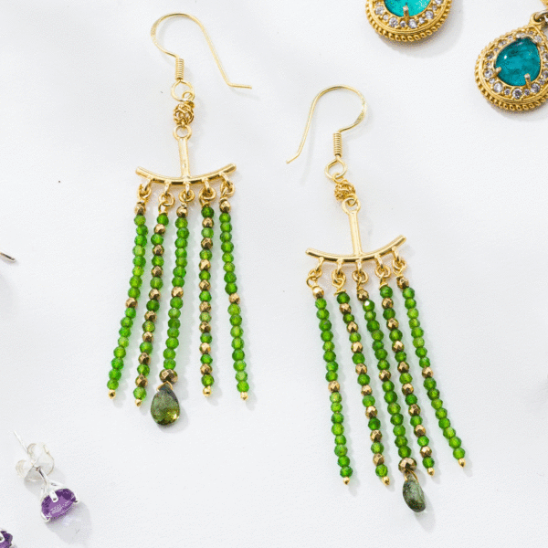 Handmade earrings made of gold plated sterling silver and natural diopside, pyrite and tear-drop green tourmaline gemstones. Buy online shop.