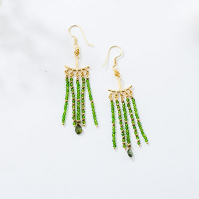 Handmade earrings made of gold plated sterling silver and natural diopside, pyrite and tear-drop green tourmaline gemstones. Buy online shop.