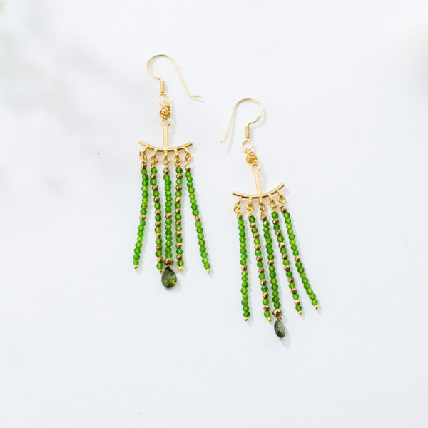 Handmade earrings made of gold plated sterling silver and natural diopside, pyrite and tear-drop green tourmaline gemstones. Buy online shop.