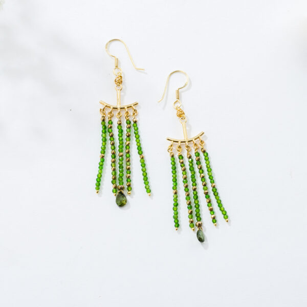 Handmade earrings made of gold plated sterling silver and natural diopside, pyrite and tear-drop green tourmaline gemstones. Buy online shop.