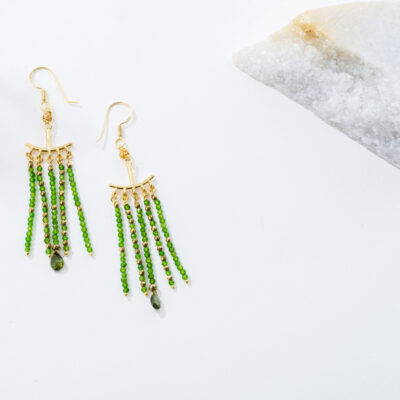 Handmade earrings made of gold plated sterling silver and natural diopside, pyrite and tear-drop green tourmaline gemstones. Buy online shop.