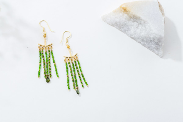 Handmade earrings made of gold plated sterling silver and natural diopside, pyrite and tear-drop green tourmaline gemstones. Buy online shop.