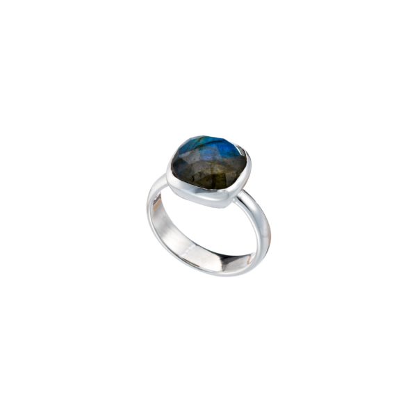 Handmade ring made of sterling silver and natural labradorite gemstone in a square shape. Buy online shop.