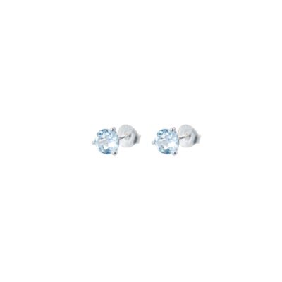 Handmade stud earrings made of sterling silver and natural blue topaz gemstone in a round shape. Buy online shop.