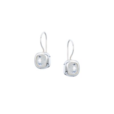 Handmade earrings made of sterling silver and natural white labradorite gemstone in a square shape. Buy online shop.