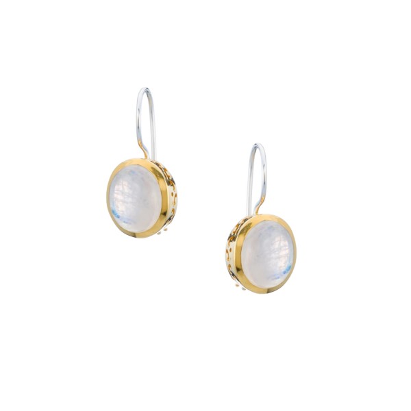 Handmade earrings made of sterling silver with gold plated outline and natural white labradorite gemstone in an oval shape. Buy online shop.